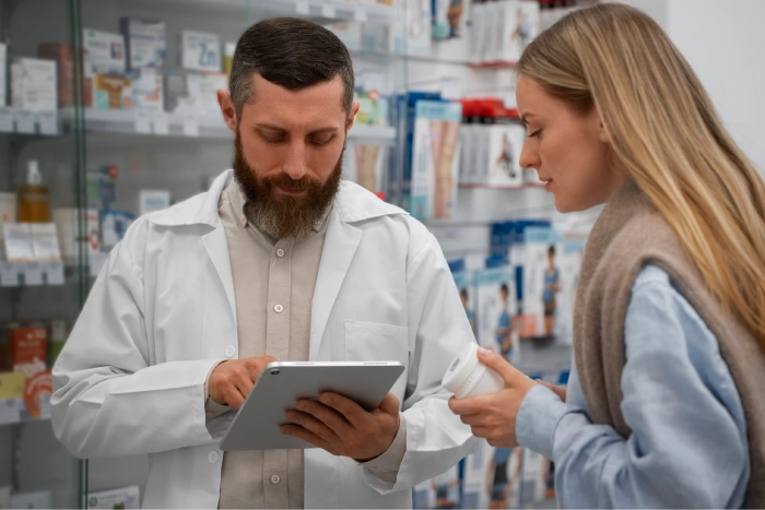 Close view of a pharmacist checking an electronic prescription on a tablet while a patient holds a prescription token in a pharmacy
