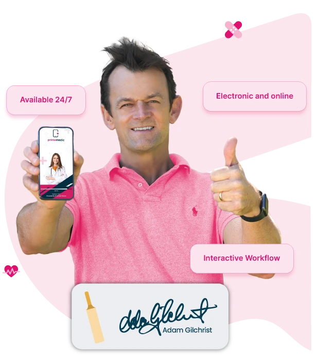 Adam Gilchrist pointing at smartphone showing Prime Medic telehealth consultation app