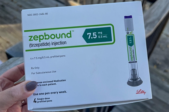 Zepbound (tirzepatide) injection packaging with 7.5 mg pens for weekly subcutaneous use.